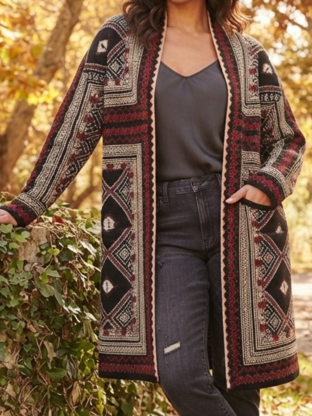 Maxsport Size L Aztec Tribal Print Long Cardigan Coat — Red Black Cream Southwes